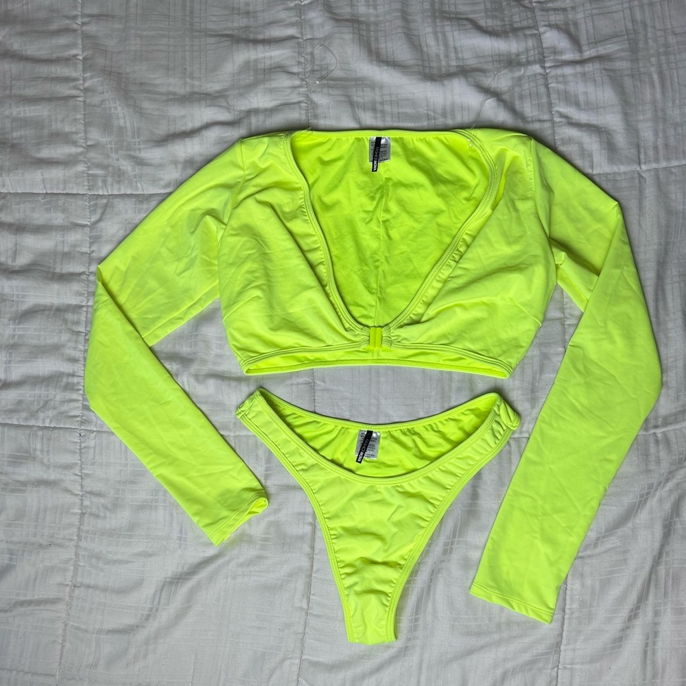 Fashion nova neon yellow two piece long sleeve thong swim suit never worn